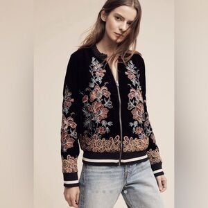 Anthropologie Elevenses Embroidered Velvet Bomber Jacket